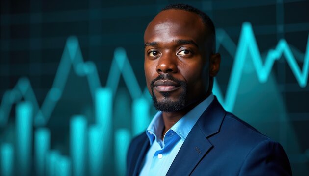Man in suit looks at camera with blurred financial chart behind. Professional in business attire, focused on market data analysis. Confident leader strategizing economic growth. Represents success,
