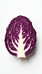 Fototapeta premium Half of a vibrant red cabbage is isolated on a clean white surface. Its intricate layered leaves reveal a stark white core, forming a beautiful natural pattern, perfect for culinary or health content.