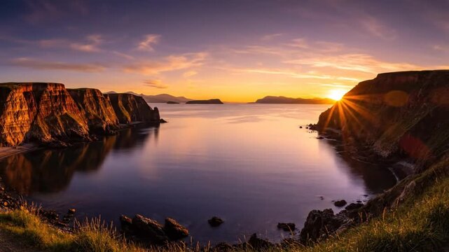 Stunning coastal bay view at sunrise with golden sunlight, calm water, and dramatic cliffs creating a picturesque scene