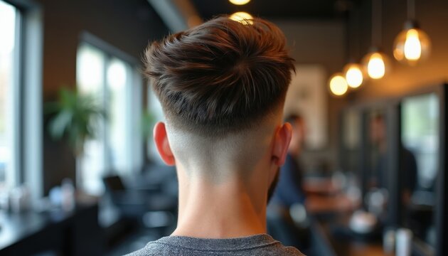 Man gets modern fade haircut at barber shop. Trendy style features short sides high volume top. Professional grooming for groomed appearance.