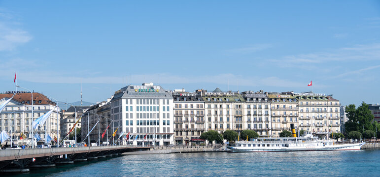 Geneva, Switzerland - 19 Jul 24: Geneva waterfront skyline on Lake Geneva, Switzerland