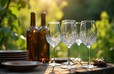 Naklejka premium Table set with wine bottles and crystal glasses on wooden surface outdoors. Stack of plates and bowls suggest meal. Green foliage blurred background warm sunlight.