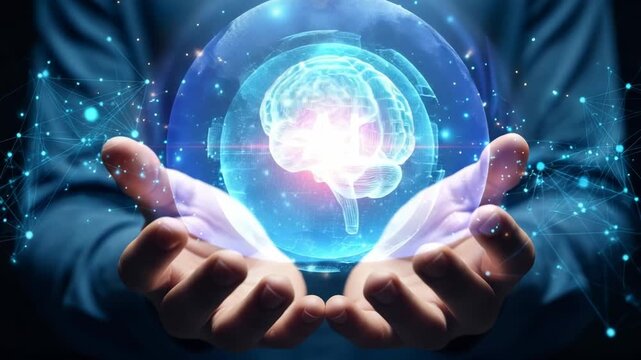 Human hands holding a glowing digital brain with network connections