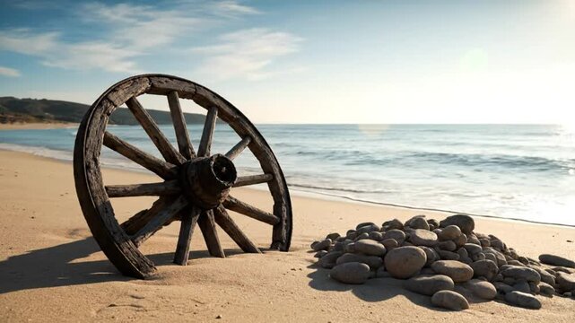 Weathered wooden wagon wheel resting in the sand with a pile of rocks next to the ocean waves on a sunny day