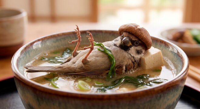 Cute and absurd: a small sparrow finds cozy comfort in a bowl of Japanese miso soup, wearing a mushroom hat. Detailed micro-photography with a unique, humorous twist.