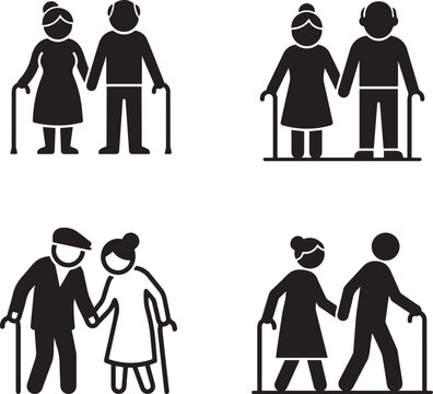 Elderly couples silhouette icons a collection of four black and white representations of senior citizens together