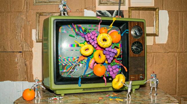 A surreal art installation featuring a retro green TV with colorful pixelated fruits and donuts bursting from the glitchy screen, surrounded by tiny foil robots and cardboard.