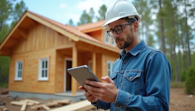 Man in hard hat uses tablet at wooden house construction site. Inspecting building plans, checking project progress, supervising work. Professional engineer planning timber frame home build.