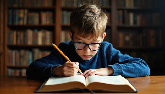 Young boy with glasses writes in an open book. He sits at a wooden desk surrounded by bookshelves. The child is focused on his task in a quiet indoor setting.