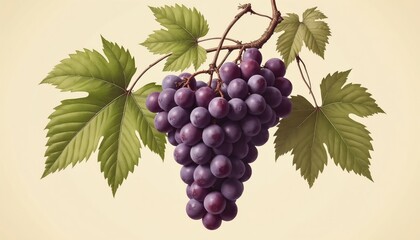 Naklejka premium Ripe purple grapes hang on vine with green leaves. Illustration style sepia tones give vintage feel. Perfect for wine menus or food publications. Healthy fresh fruit, great for harvest themes.