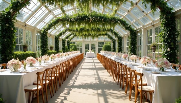 Elegant conservatory set for wedding banquet with long tables, floral arrangements, chairs. Sunlight streams through glass ceiling onto white tablecloths, place settings, creating festive atmosphere