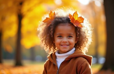 Fototapeta premium Curly haired child smiles in autumn park. Girl has orange maple leaves in her hair. Golden foliage forms soft background. Joyful kid enjoys fall season day.