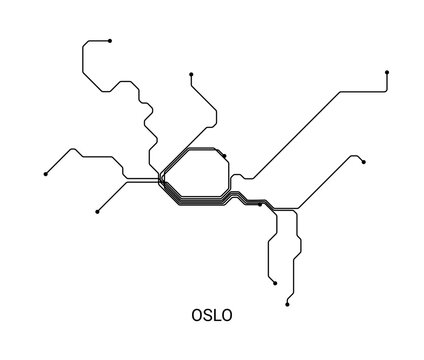 Black and white vector illustration of an approximate Oslo metro map, designed as a clean schematic transit diagram.