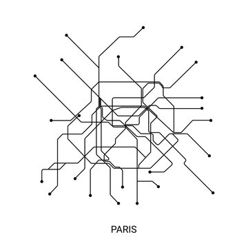 Black and white vector illustration of an approximate Paris metro map, designed as a clean schematic transit diagram.