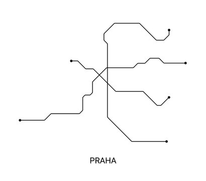 Black and white vector illustration of an approximate Prague metro map, designed as a minimal schematic transit diagram.