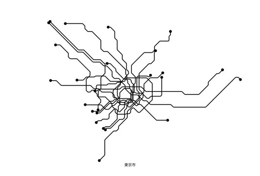 Black and white vector illustration of an approximate Tokyo metro map, designed as a clean schematic transit diagram.