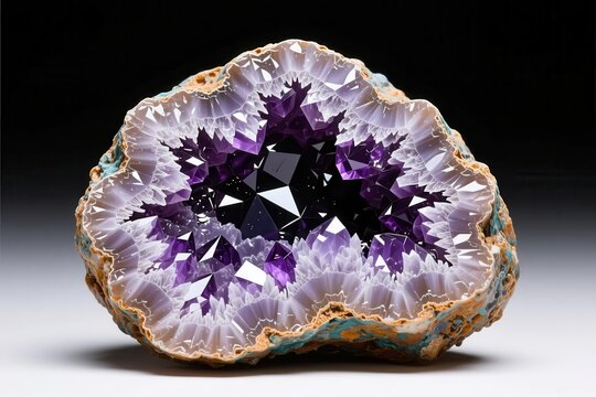 Rough-cut, sparkling amethyst geodes