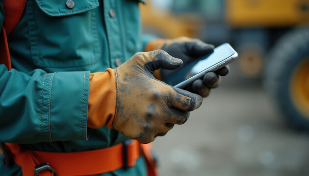 Worker in dirty gloves holds smartphone. Person in workwear checks phone at construction site. Blue collar employee uses tech on job. Communication in field.