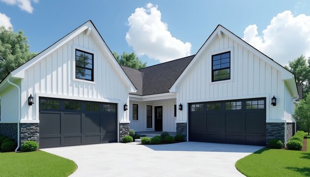 Modern white farmhouse with black accents features dual attached garages. Clean lines and stone base create elegant curb appeal. This home exterior showcases contemporary suburban living.