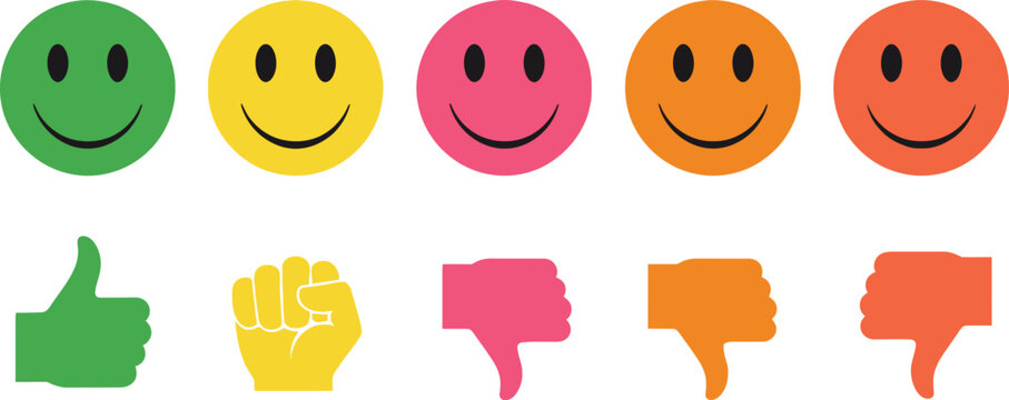Colorful smiley faces and hand gesture icons, feedback rating reactions, approval and disapproval symbols, vector illustration design