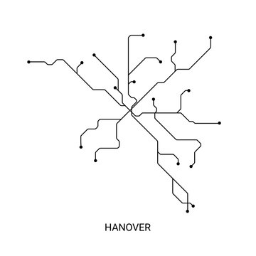 Minimal black and white vector illustration of an approximate Hanover metro map with clean transit lines and station markers.