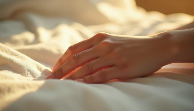 Gentle hand with soft light touch on draped fabric. Fingers slightly bent on cloth surface. Serene body part close up in warm illumination. Touch comfort.