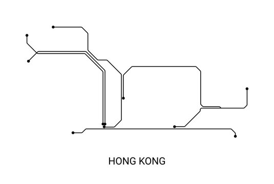 Minimal black and white vector illustration of an approximate Hong Kong metro map with clean transit lines and station dots.