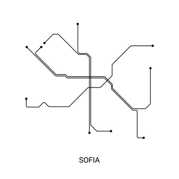 Minimal black and white vector illustration of an approximate Sofia metro map with transit lines and station points.
