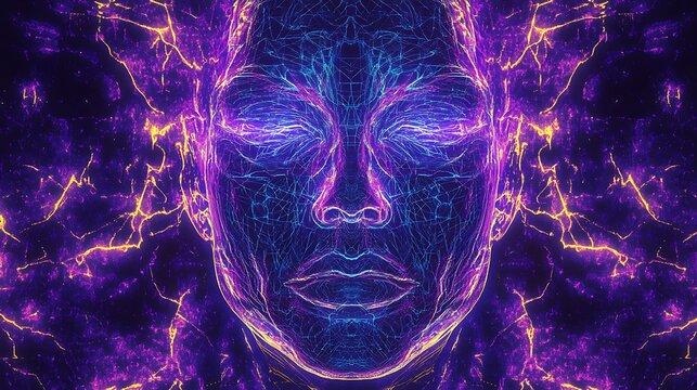 Digital humanoid face a glowing matrix of light and data
