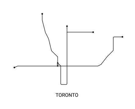 Minimal black and white vector illustration of an approximate Toronto metro map with transit lines and station points.