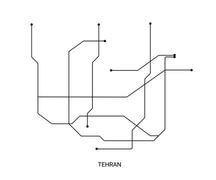 Minimal black and white vector illustration of an approximate Tehran metro map with simple lines and station markers.