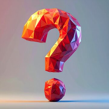 A vibrant, geometric rendering of a question mark, illuminated with gradients, against a plain backdrop