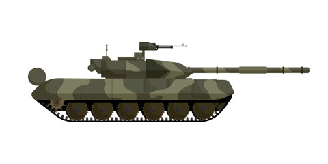 Flat vector illustration of a camouflaged main battle tank with cannon and machine gun, isolated on a white background. © Marina