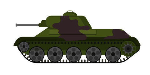 Flat vector illustration of a camouflaged military tank with cannon and tracks, isolated on a white background for defense design. © Marina