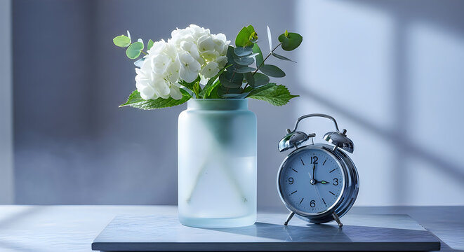 Still life with white chrysanthemums vintage clock and soft lighting