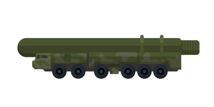Flat vector illustration of a camouflage military mobile missile launcher on a wheeled chassis carrying an intercontinental ballistic missile, isolated on a white background.