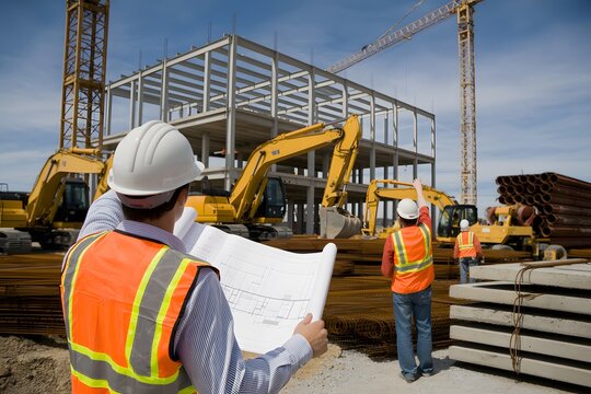 Engineer in safety vest holding blueprints at active construction site with building structure