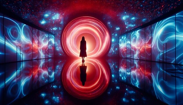 Silhouette of a Woman in a Vibrant Colorful Cosmic Red Circular Tunnel with Glowing Blue Light Water Reflections. Theater Image of the Atmosphere Mind. Reflection Room Behind the Scene AI Abstract Art
