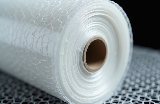 Rolled white geogrid mesh material with hexagonal pattern. Used for ground reinforcement and soil stabilization in construction projects like roads and hillsides for erosion protection.