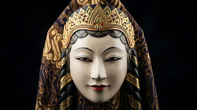 Exquisite traditional Javanese wooden mask with intricate golden crown and batik fabric background on black