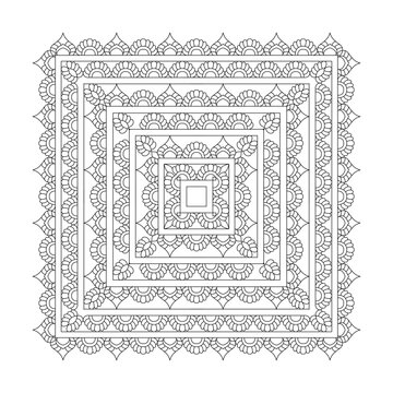 Ornamental Square Frame Mandala Line Art with Detailed Floral Pattern