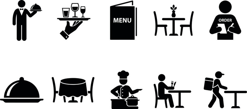 Black silhouettes of restaurant and food service icons and people  menu and order
