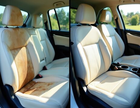 Split image shows dirty car before cleaning and spotless white after washing. Comparison highlights car interior transformation after pro detailing service.