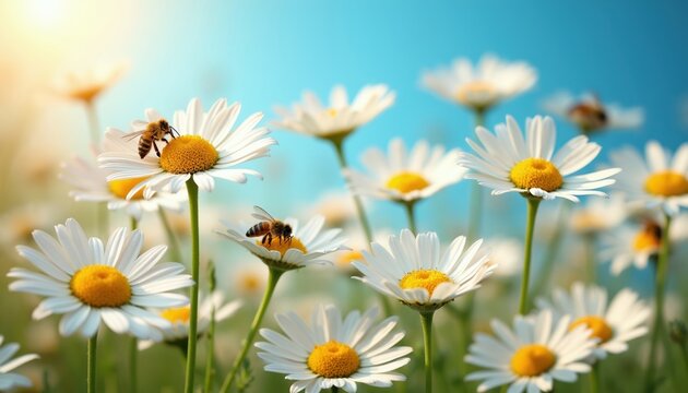 Bees pollinate daisies in bright sunlit meadow with blue sky. Insects gather nectar from white flowers, representing nature and summer beauty.