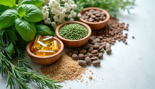 Herbs and supplements in bowls with fresh mint basil rosemary. Natural wellness capsules seeds and grains for healthy living aid. Organic plant based food ingredients.
