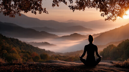 Obraz premium Person practicing meditation and yoga on a mountain peak at sunrise, experiencing calm and personal growth while observing the beautiful landscape with fog in the valleys