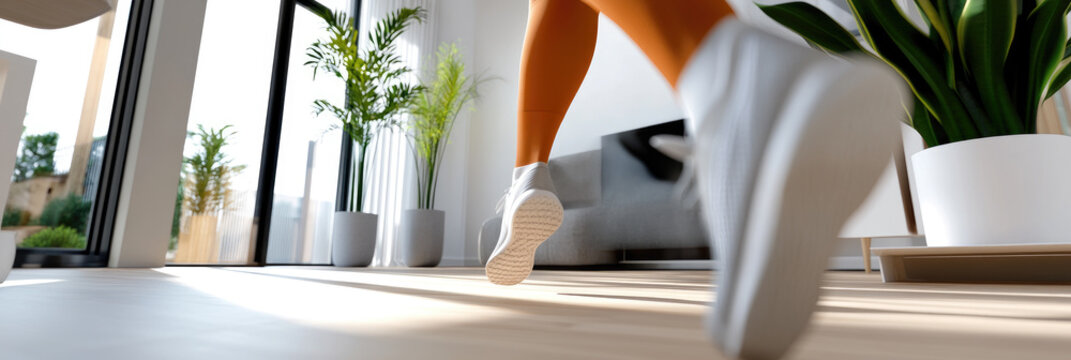 Woman's strong legs and white athletic shoes actively jumping on a home rebounder, enjoying an indoor cardio workout and fitness routine in a bright living room