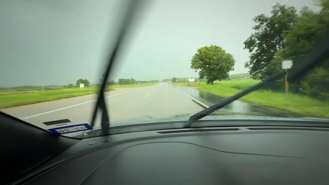 Driver Point View Highway Driving Rain Windshield Wipers Motion