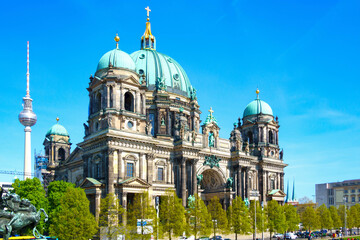 Berlin Cathedral (Berliner Dom) With Green Copper Domes and Fernsehturm TV Tower on Sunny Day © Lichtwolke99