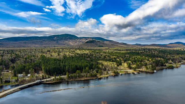 Tupper Lake, NY, USA - April 29, 2026  Aerial photo captures the Raquette river and surrounding wetlands of Tupper Lake in New York's Adirondack Mountains.